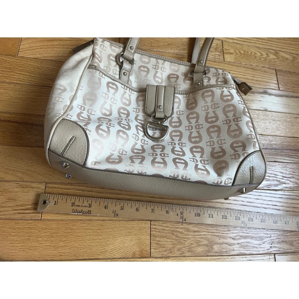 Etienne Aigner Beige Monogram Jacquard Shoulder Bag Purse Silver Hardware Summer